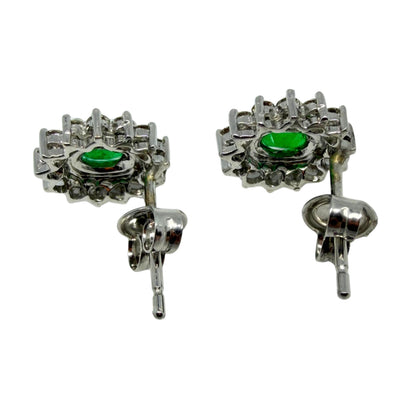 18k White Gold .56 Carat Oval Cut Emerald and Diamond Stud Earrings
