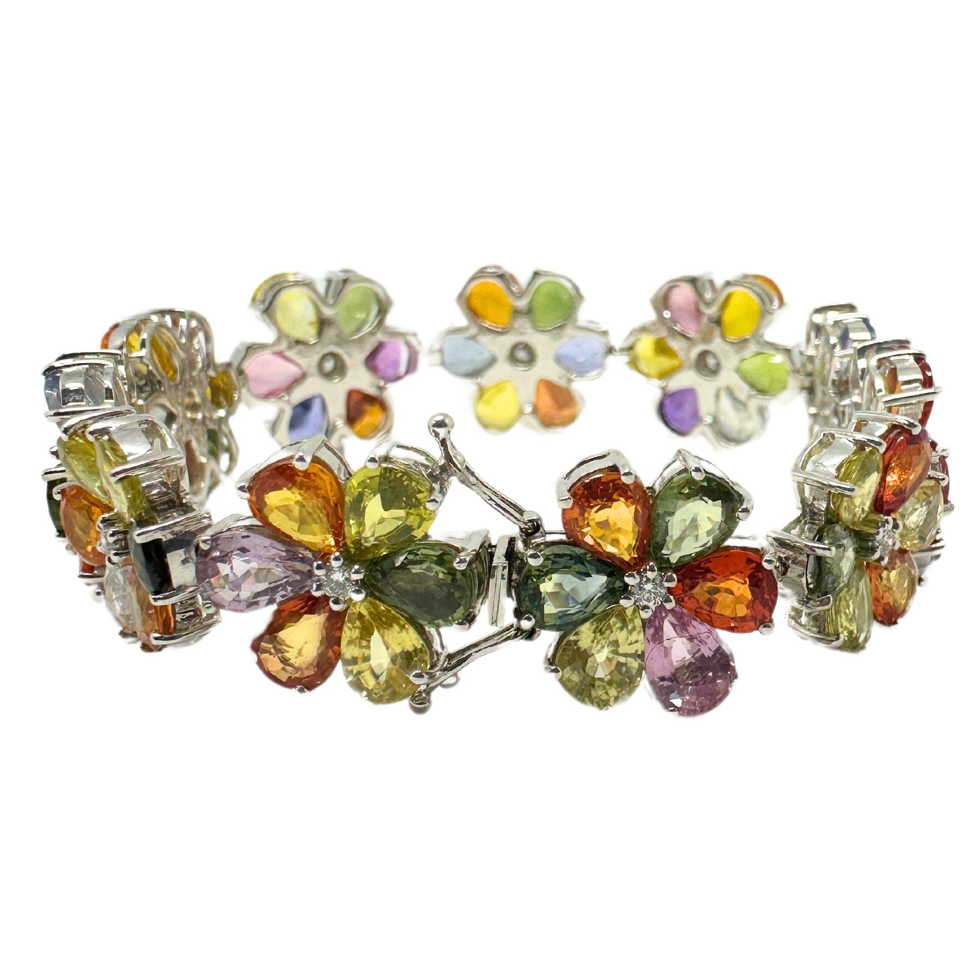 18k Modern Pear Cut Multicolor Sapphire and Diamond Flower Bracelet