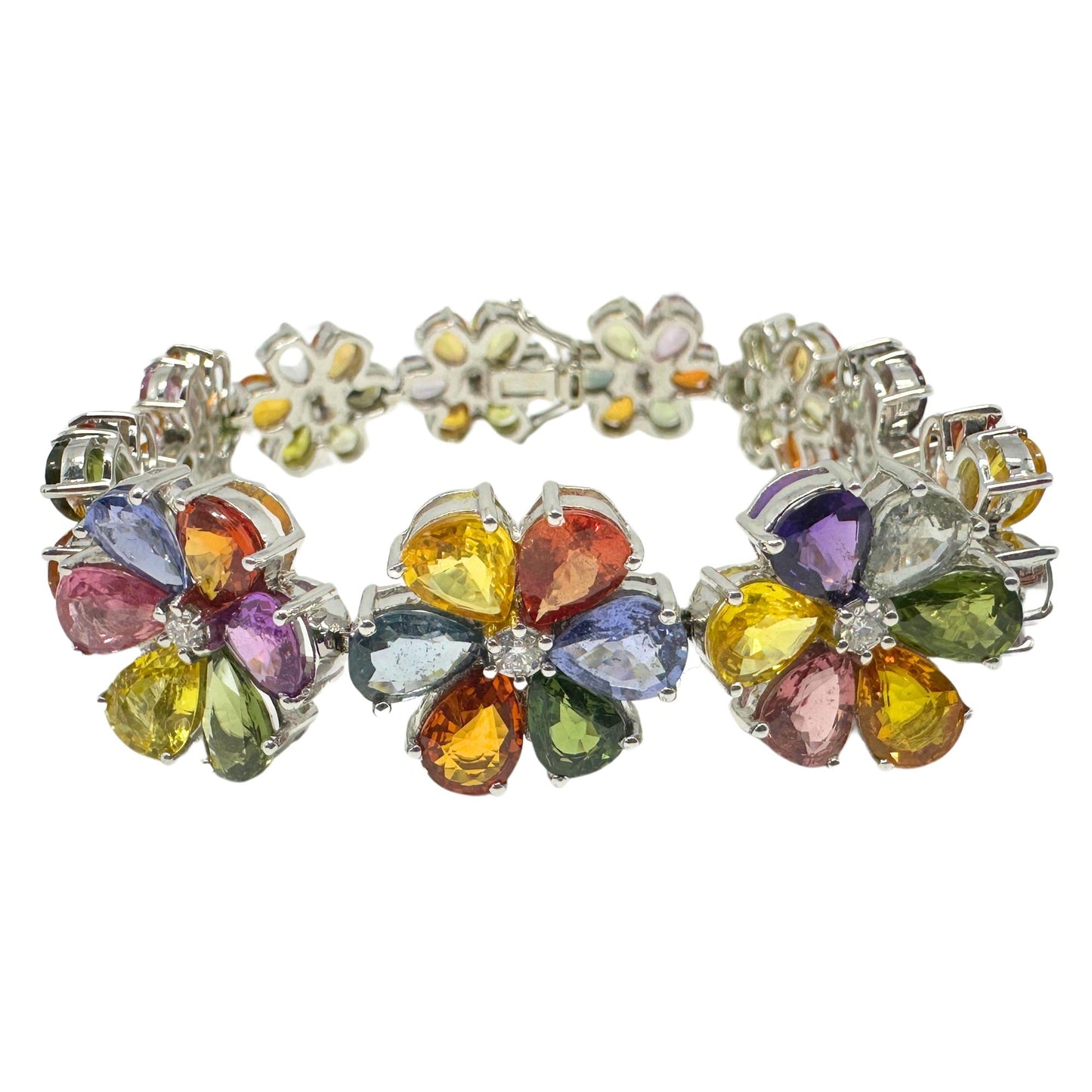 18k Modern Pear Cut Multicolor Sapphire and Diamond Flower Bracelet