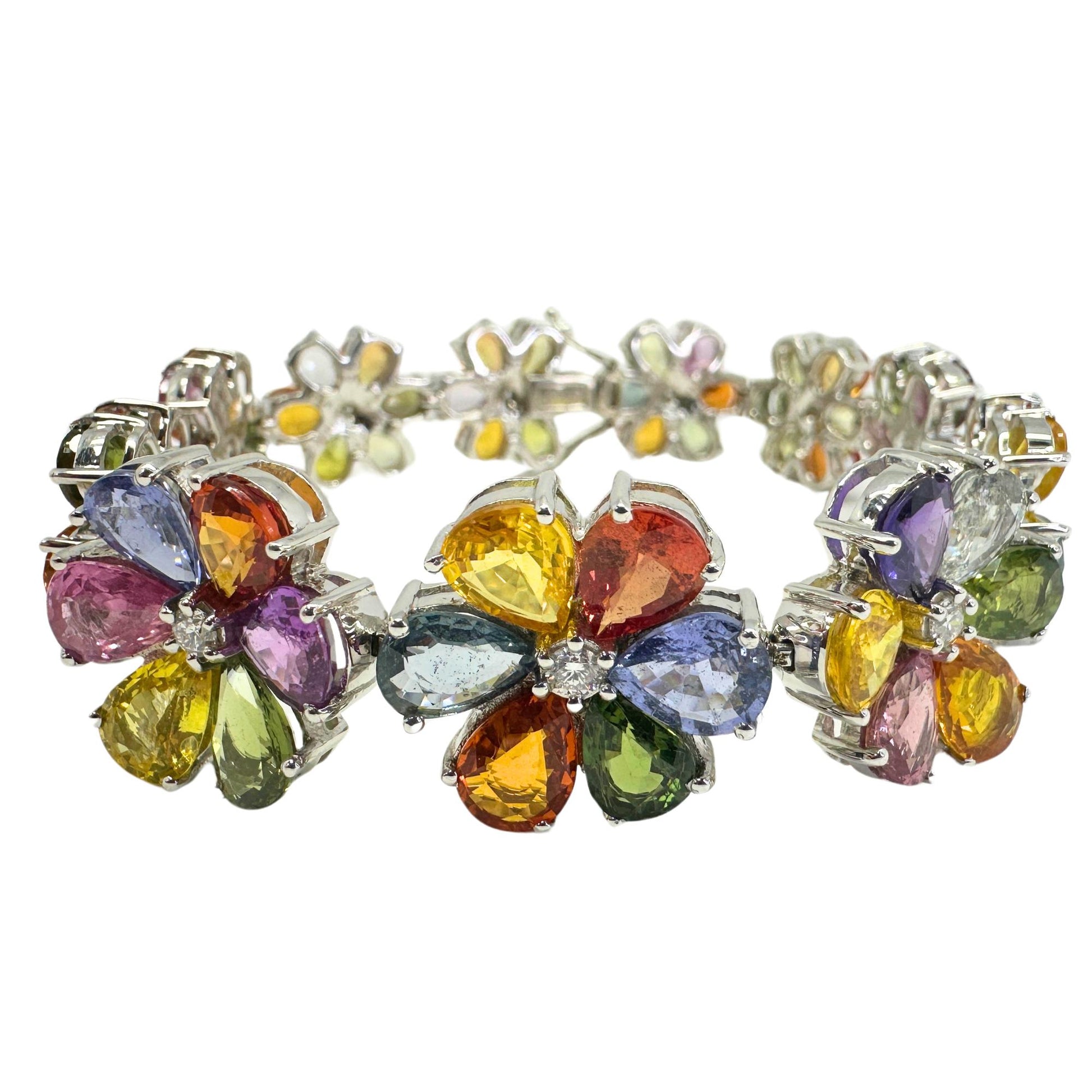 18k Modern Pear Cut Multicolor Sapphire and Diamond Flower Bracelet