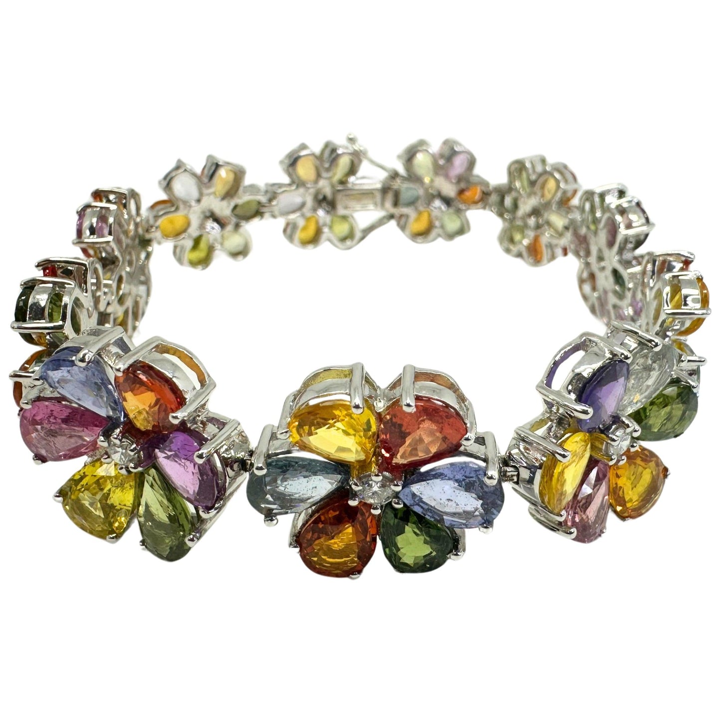 18k Modern Pear Cut Multicolor Sapphire and Diamond Flower Bracelet