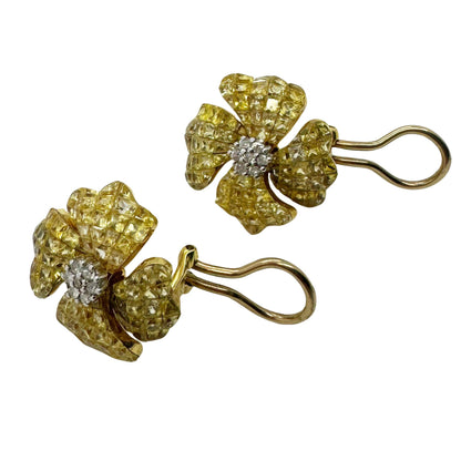 18K Yellow Gold Diamond and Yellow Sapphire Flower Earrings