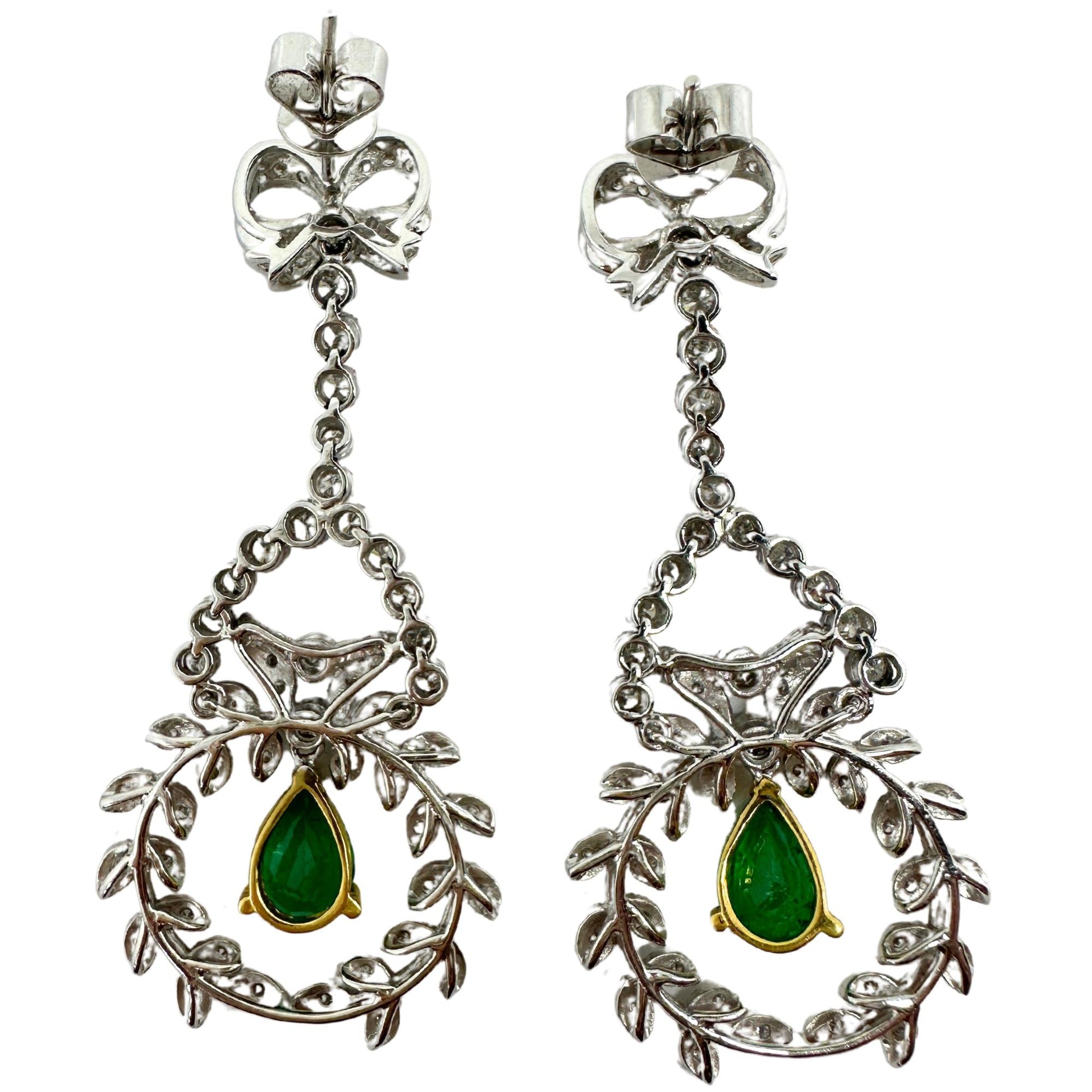 18K White Gold Diamond and Pear Cut Emerald Earrings