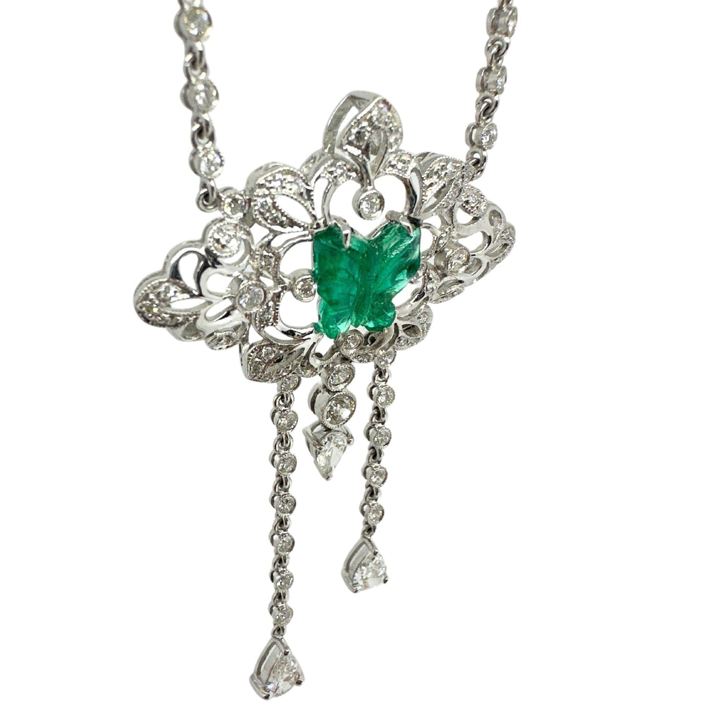 18K White Gold 1.12 Carat Butterfly Shaped Emerald and Diamond Necklace
