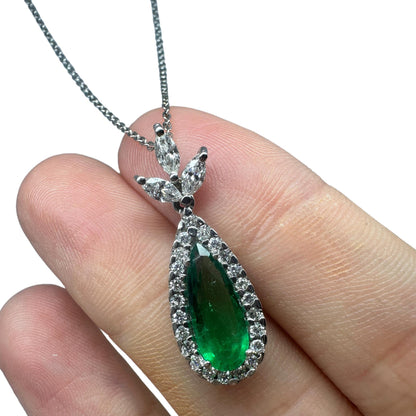 18K White Gold Marquise Cut Diamond and Pear Cut Emerald Pendant Necklace