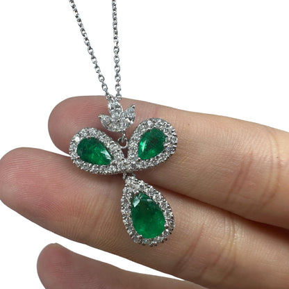 18K White Gold Pear Cut Emerald and Diamond Pendant Necklace