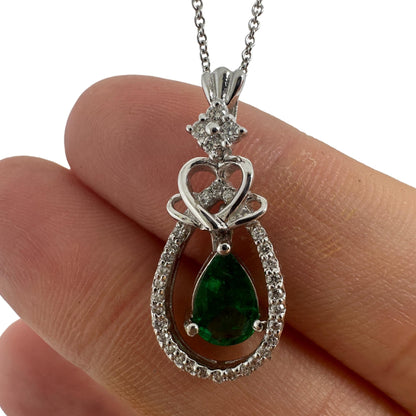 18K White Gold Pear Cut Emerald and Diamond Pendant Necklace