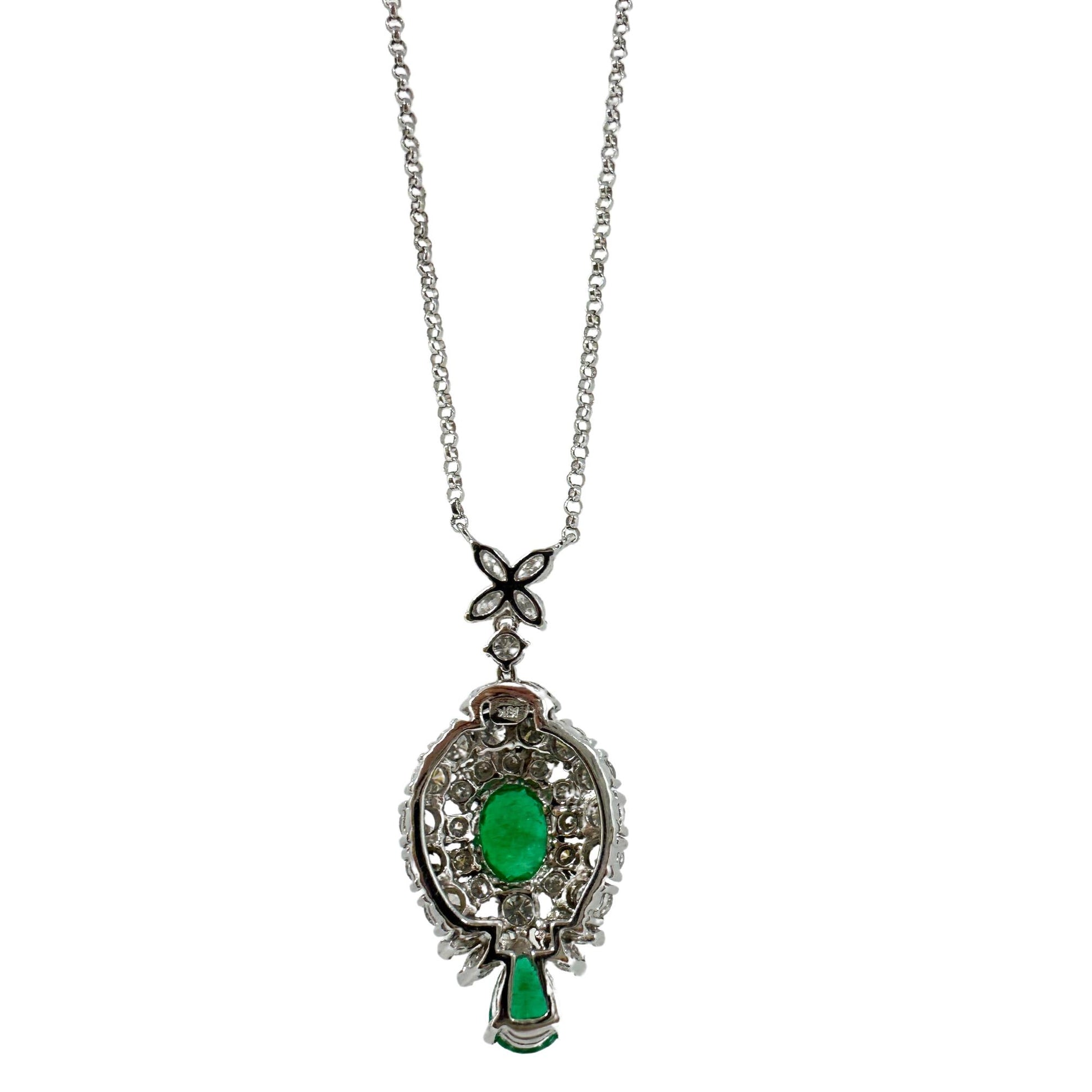 18K White Gold Oval and Pear Cut Emerald and Diamond Necklace