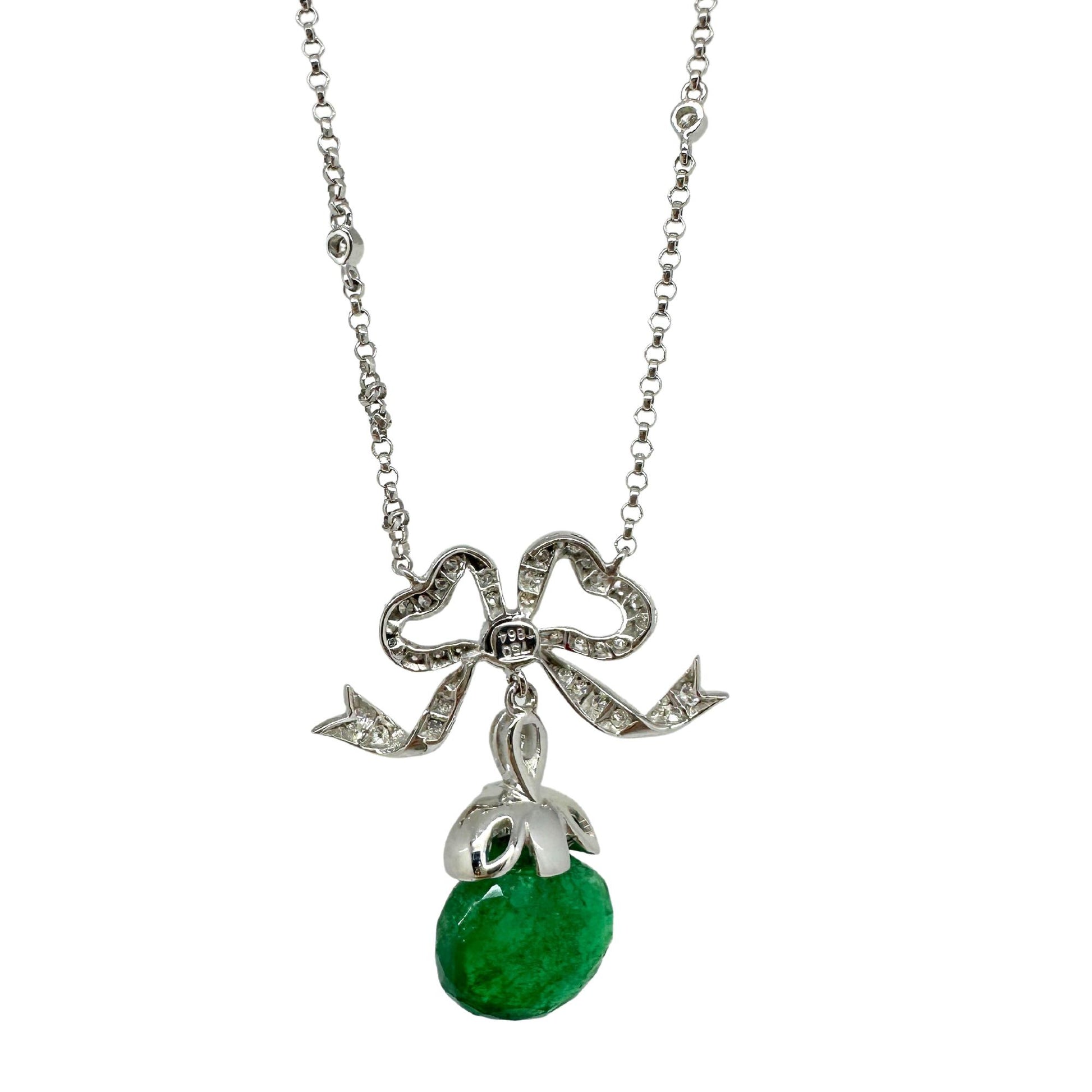 18K White Gold Emerald and Diamond Bow Necklace