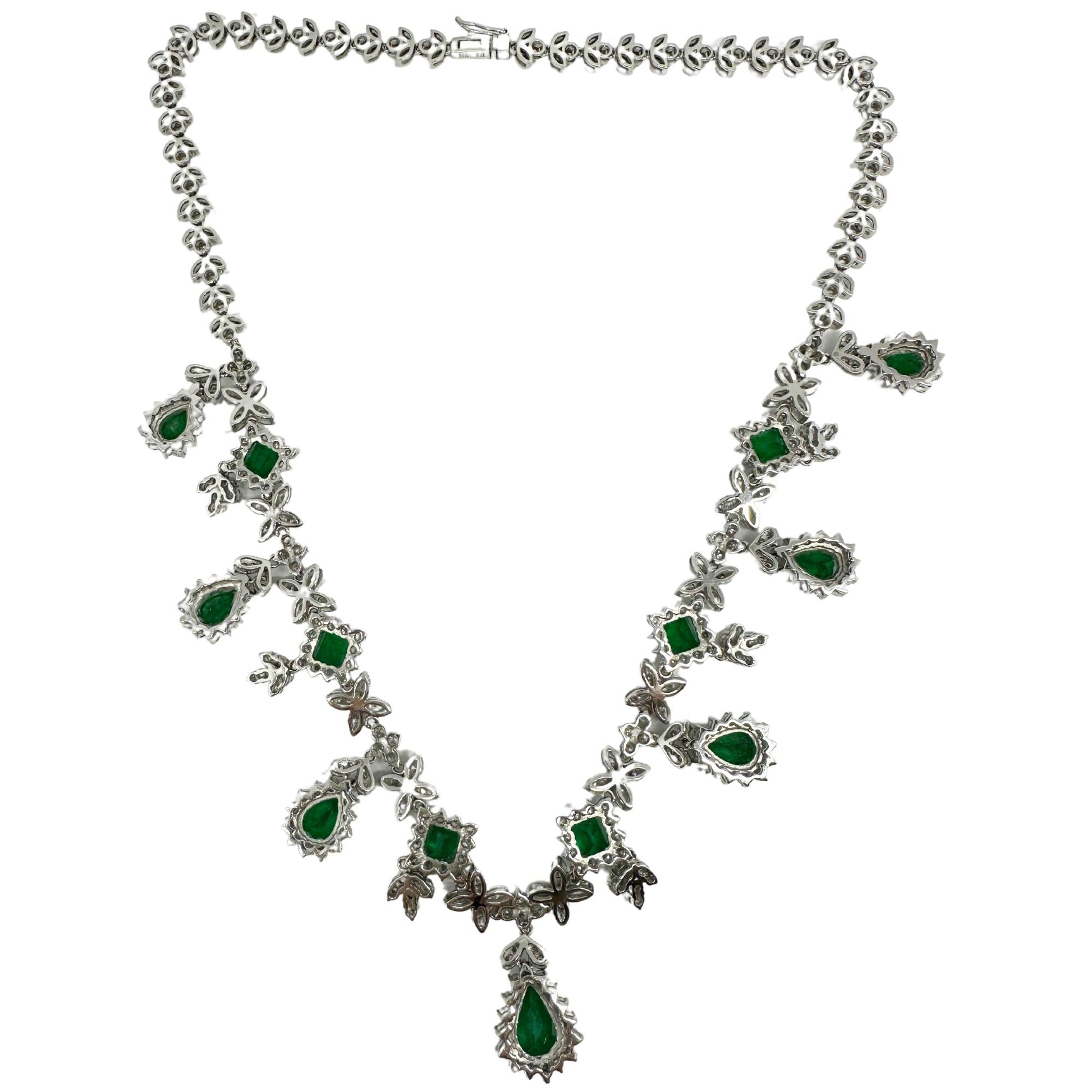 18K White Gold Diamond and Emerald Cut and Pear Cut Emerald Necklace