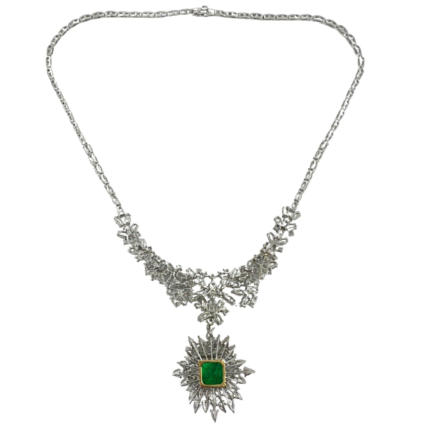 18K Two Tone Pear and Marquise Cut Diamond and Emerald Cut Emerald Necklace