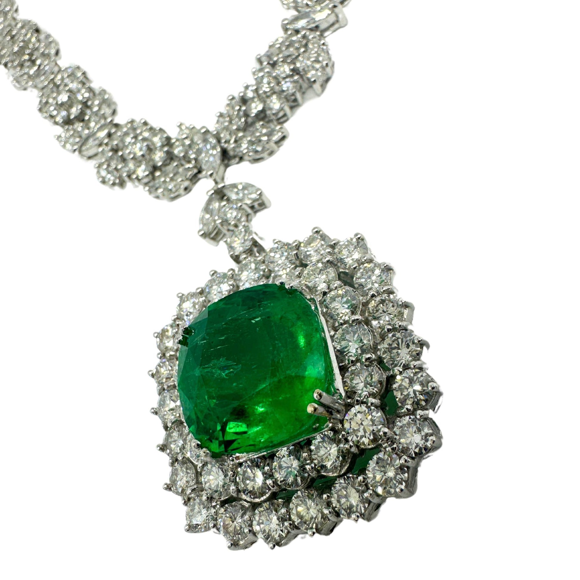 18K White Gold Diamond and Round Emerald Drop Necklace