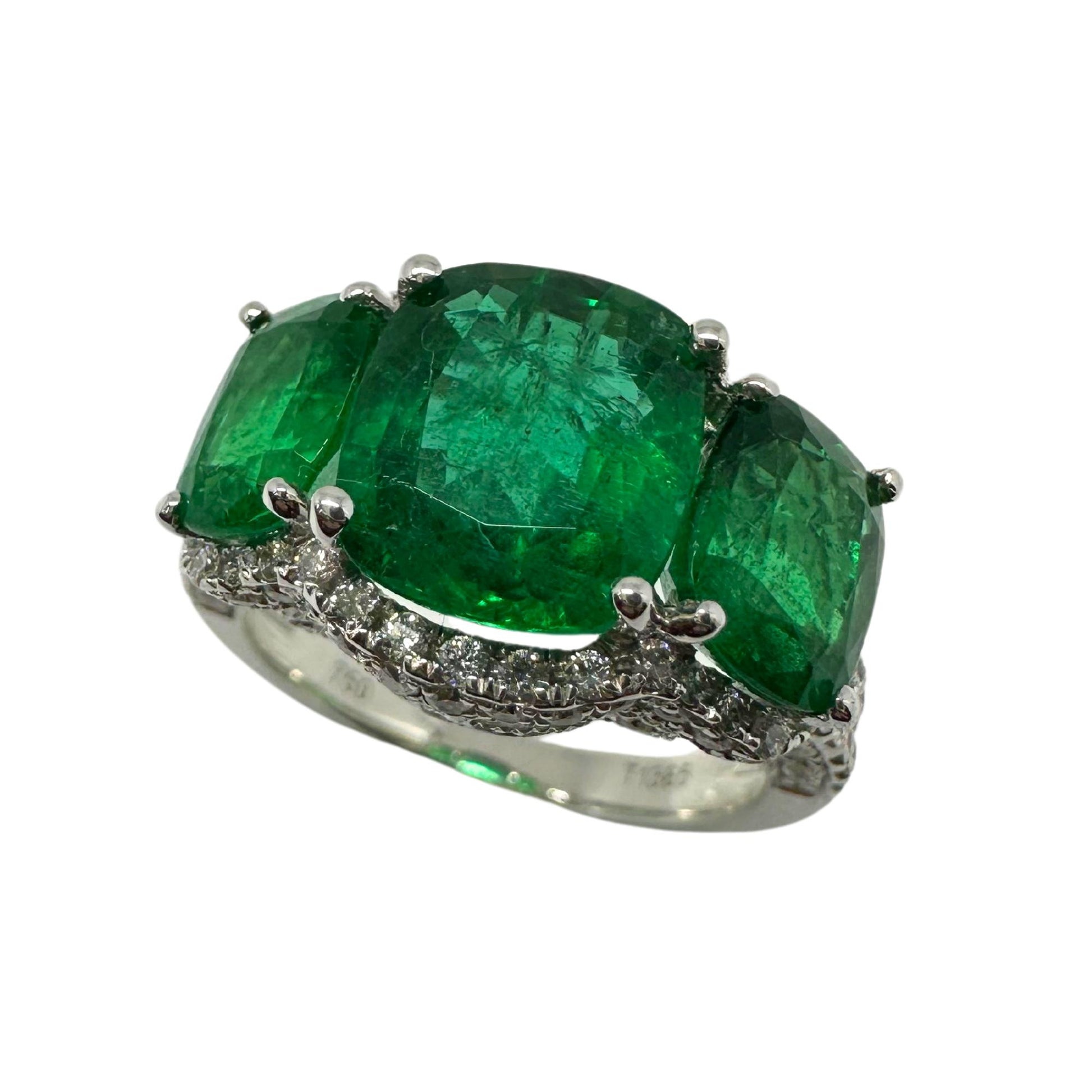 18K White Gold Diamond and Emerald Three Stone Ring