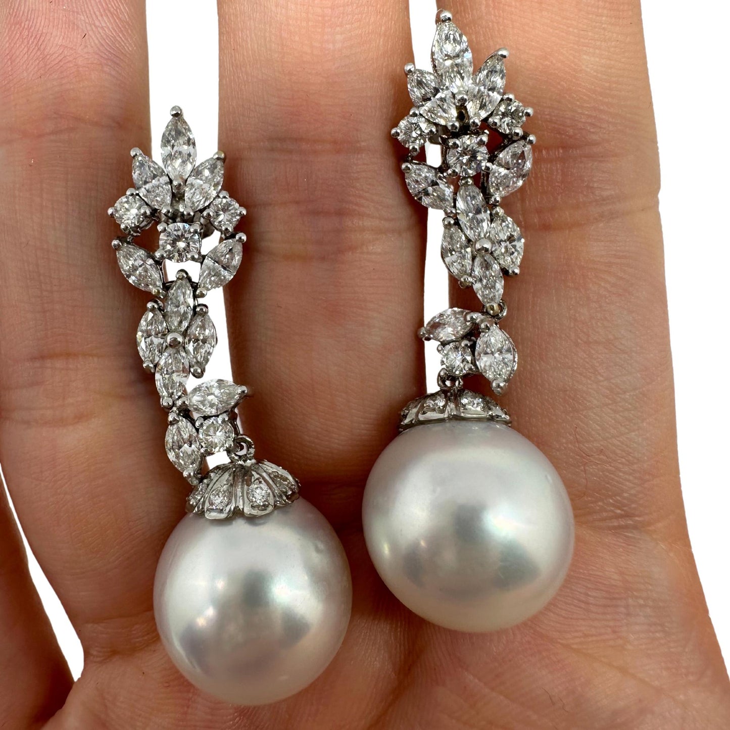 18K White Gold Marquise Cut Diamond and Pearl Drop Earrings