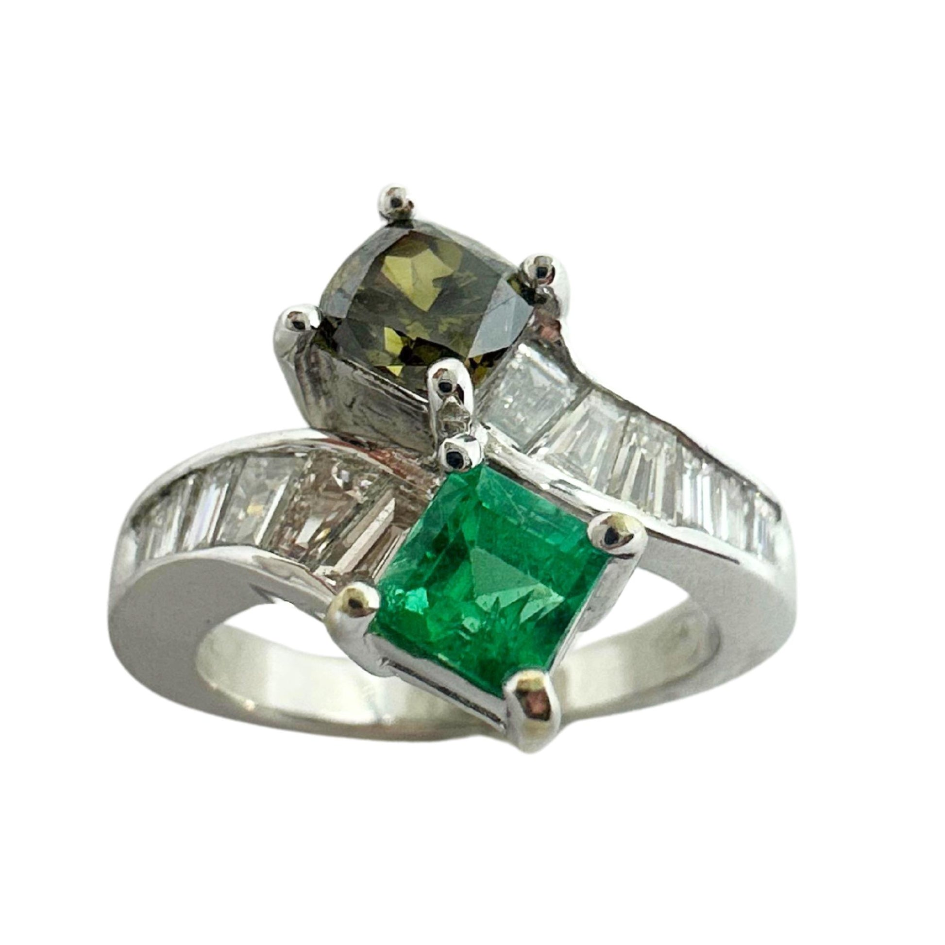 18K White Gold Brown Diamond, Baguette-Cut White Diamond, and Emerald Toi et Moi