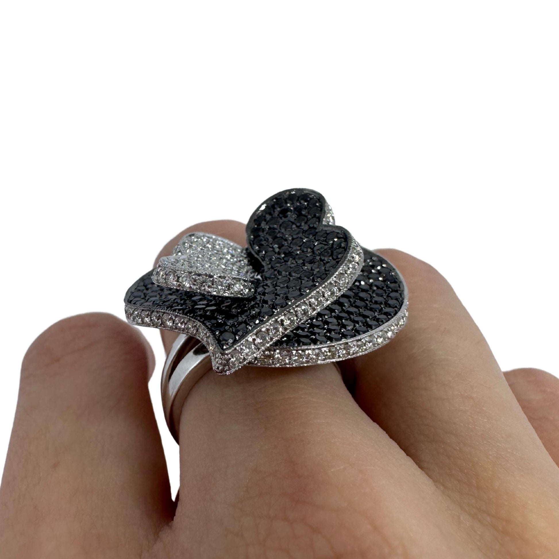 18K White Gold White and Black Diamond Heart Cocktail Ring