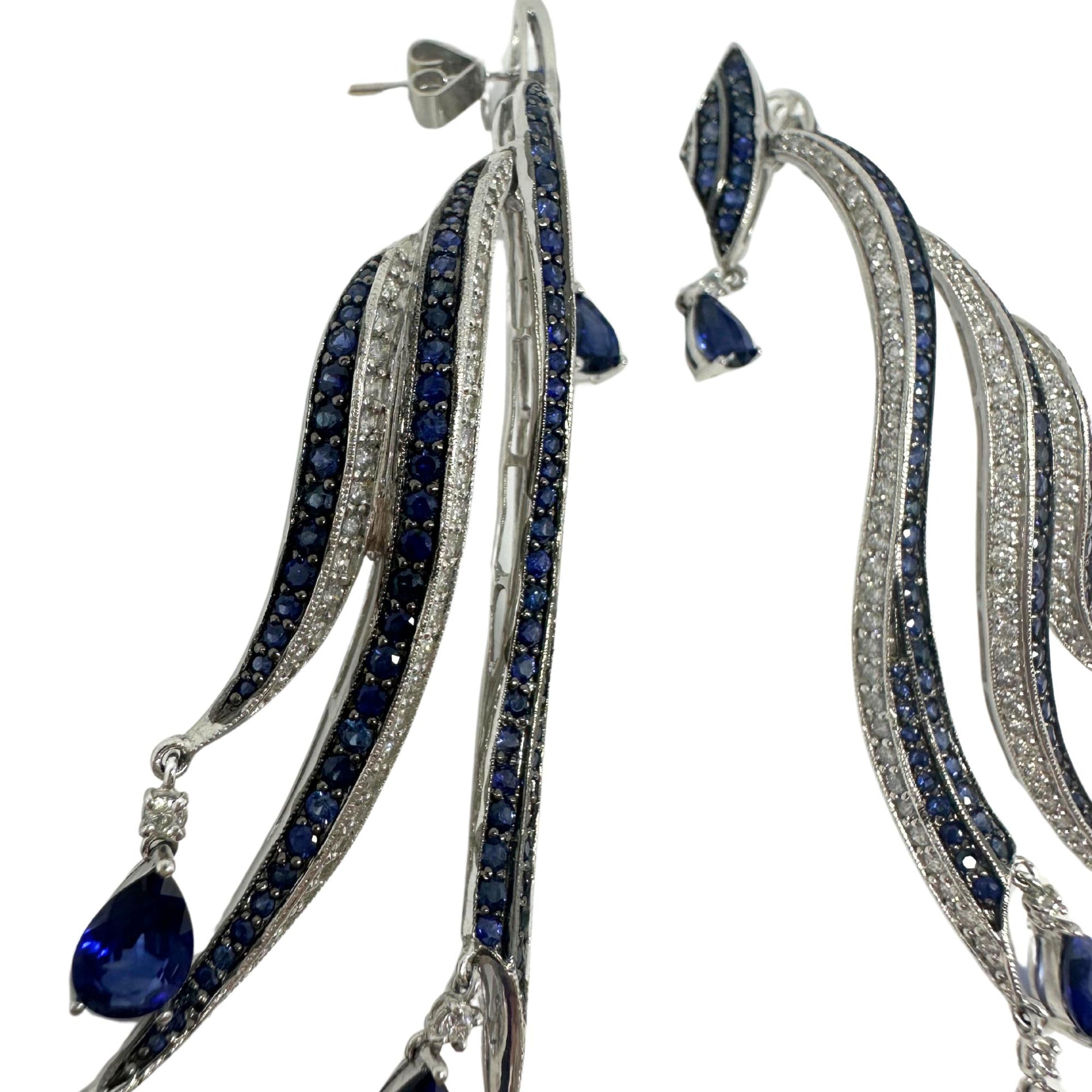 18K White Gold Diamond and Pear Cut Sapphire Flowing Casade Earrings