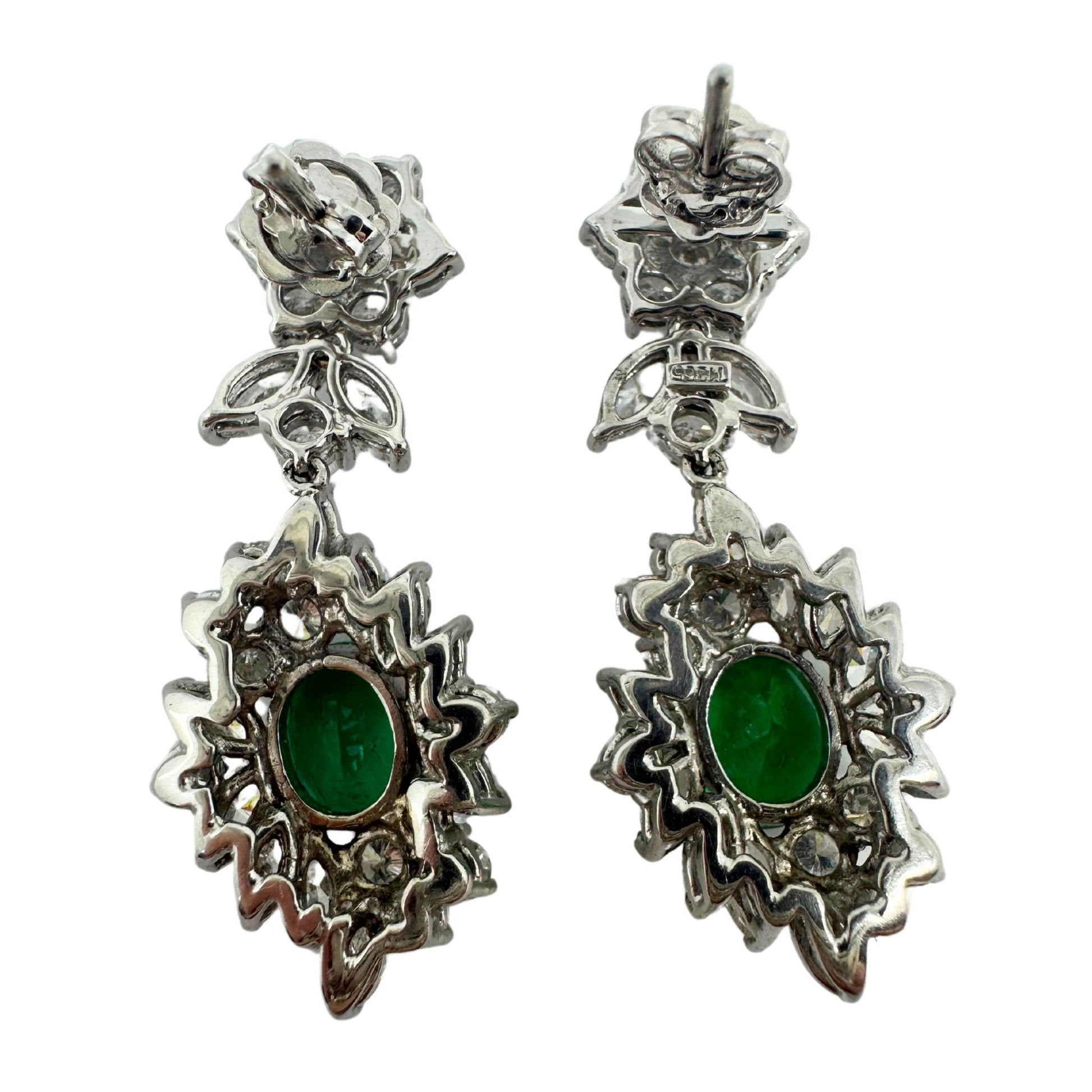 18K White Gold Marquise Cut Diamond and Emerald Drop Earrings