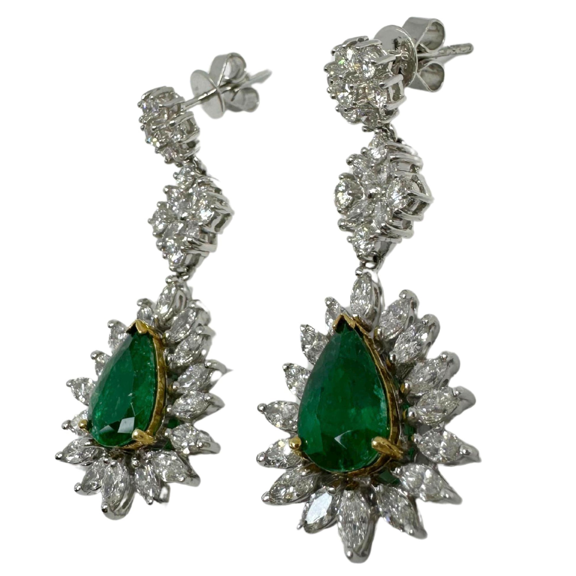 18K Two Tone Marquise Cut Diamond and Pear Cut Emerald Drop Earrings