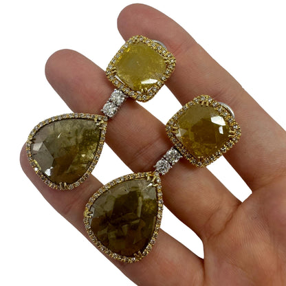 18K Yellow Gold White and Natural Rough Cut Greenish-Yellow Diamond Earrings