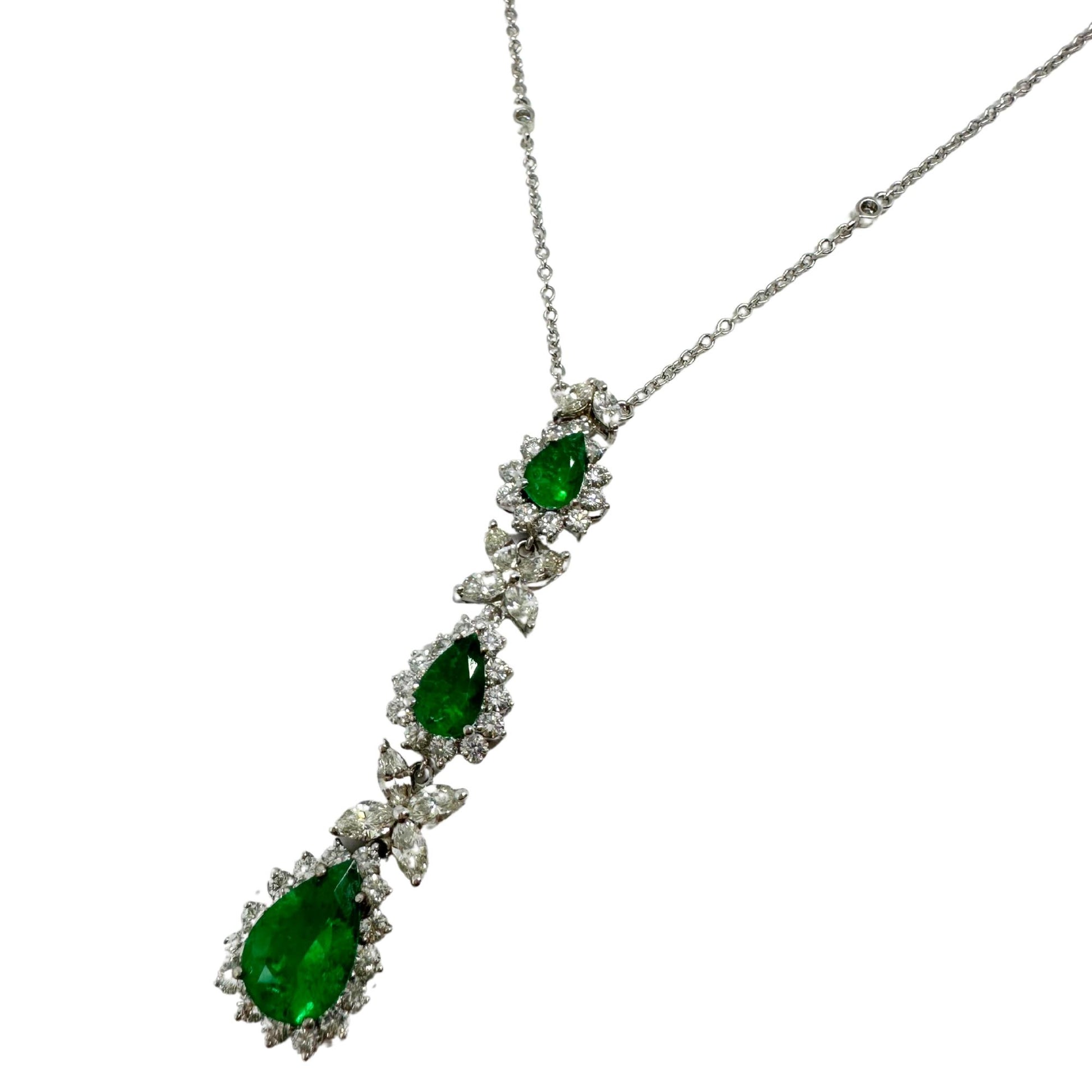 18K White Gold Marquise Cut Diamond and Pear Cut Emerald Necklace