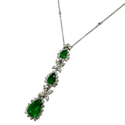 18K White Gold Marquise Cut Diamond and Pear Cut Emerald Necklace