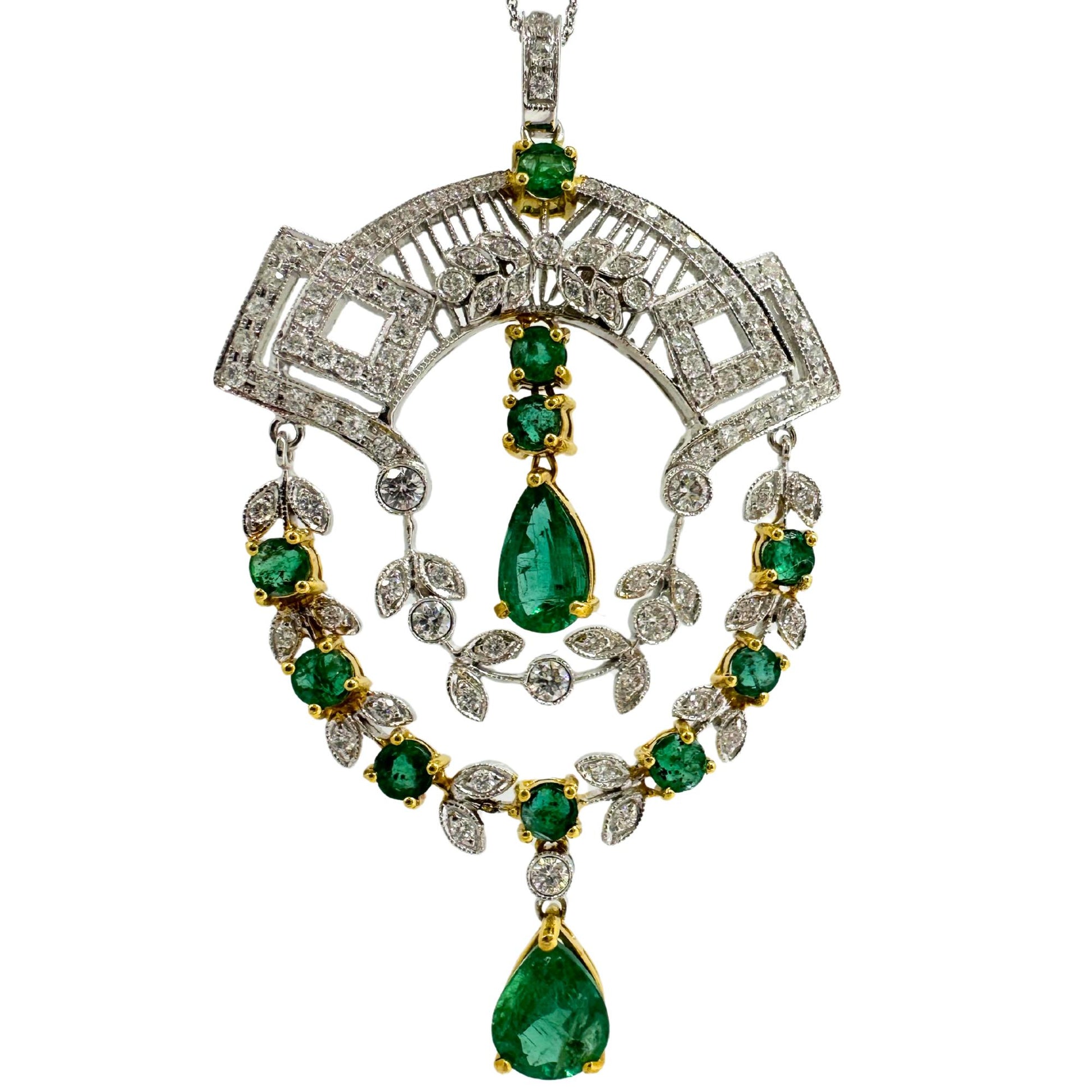18K Two Tone Diamond and Emerald Pendant Necklace