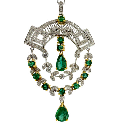 18K Two Tone Diamond and Emerald Pendant Necklace