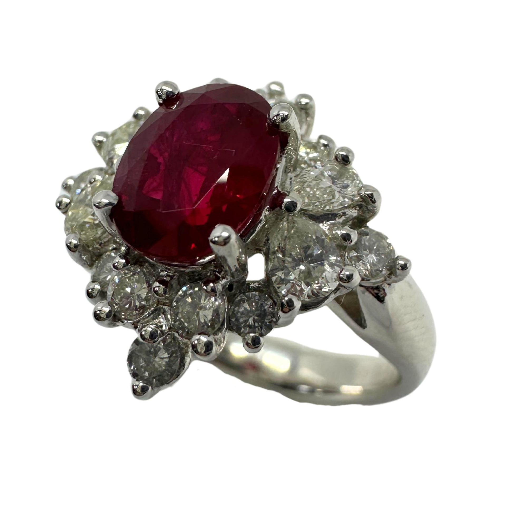 18K White Gold Pear Cut Diamond and Ruby Ring