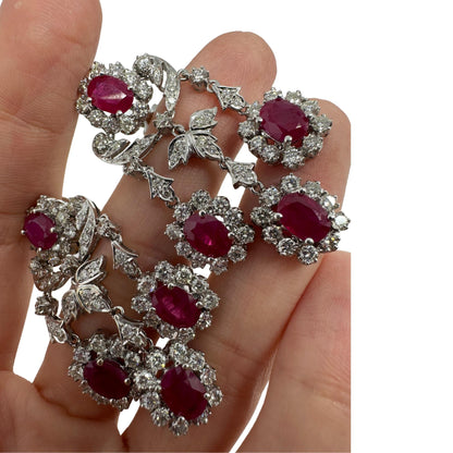 18K White Gold 7.88 Carat Oval Cut Ruby and Diamond Drop Earrings