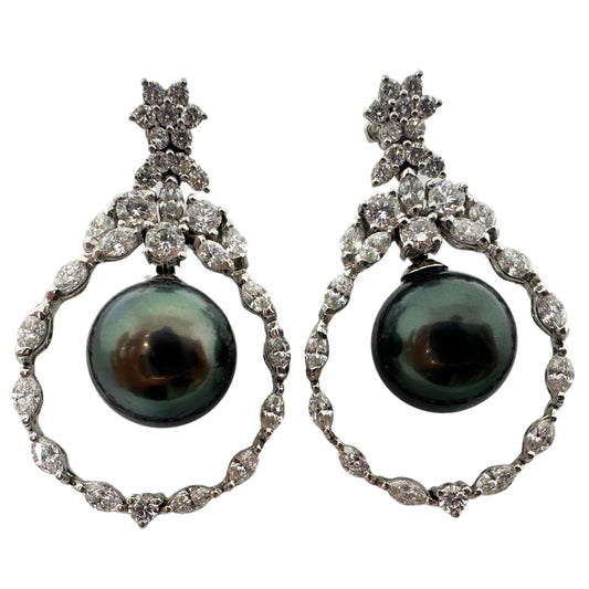 18K White Gold Diamond and Black Pearl Drop Earrings
