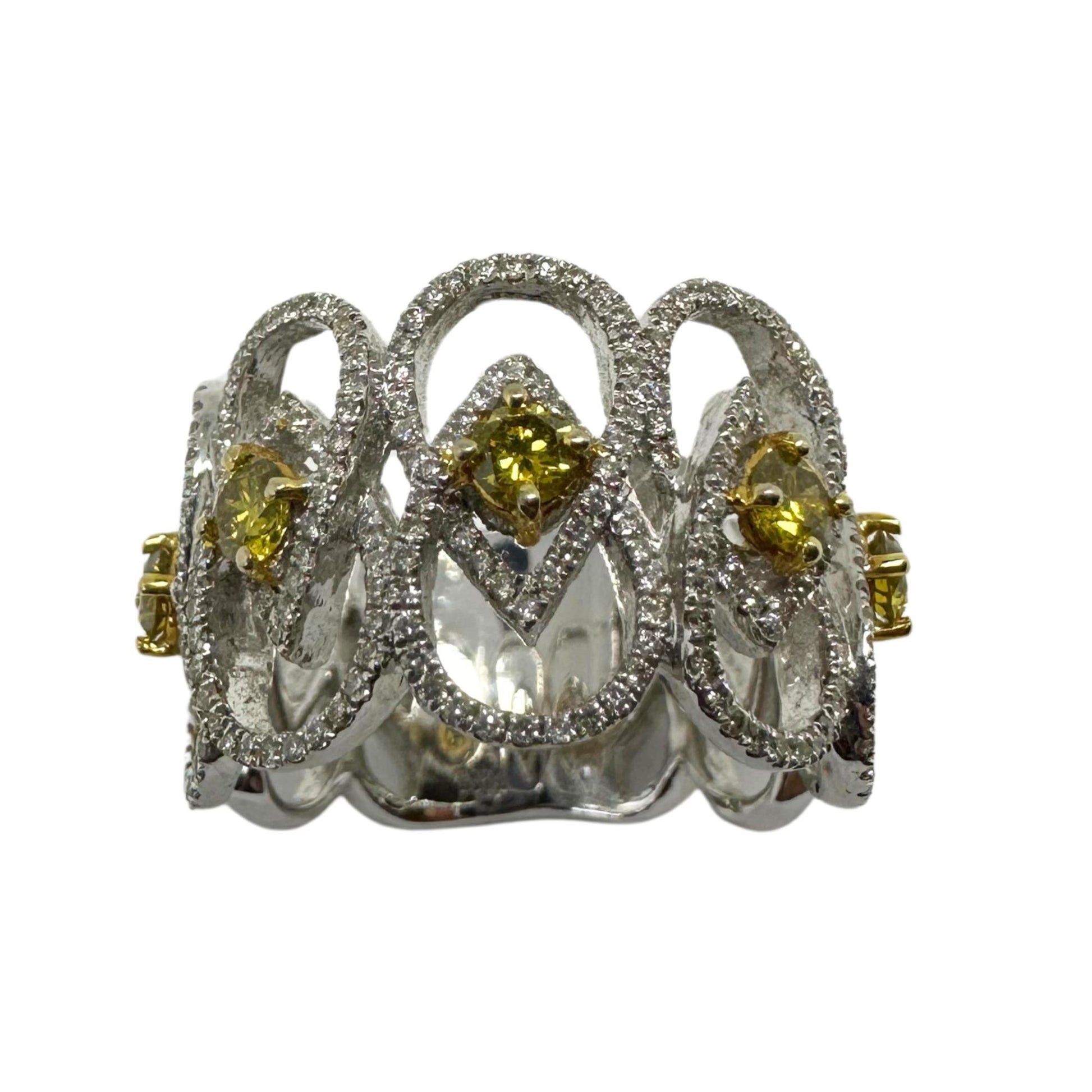 18K White Gold White and Yellow Diamond Wide Band Ring
