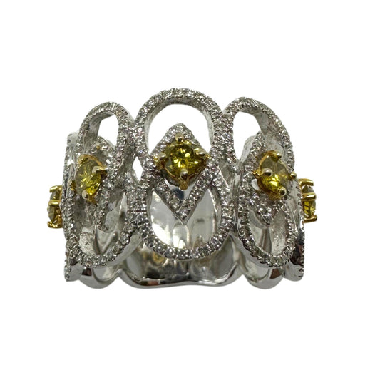 18K White Gold White and Yellow Diamond Wide Band Ring