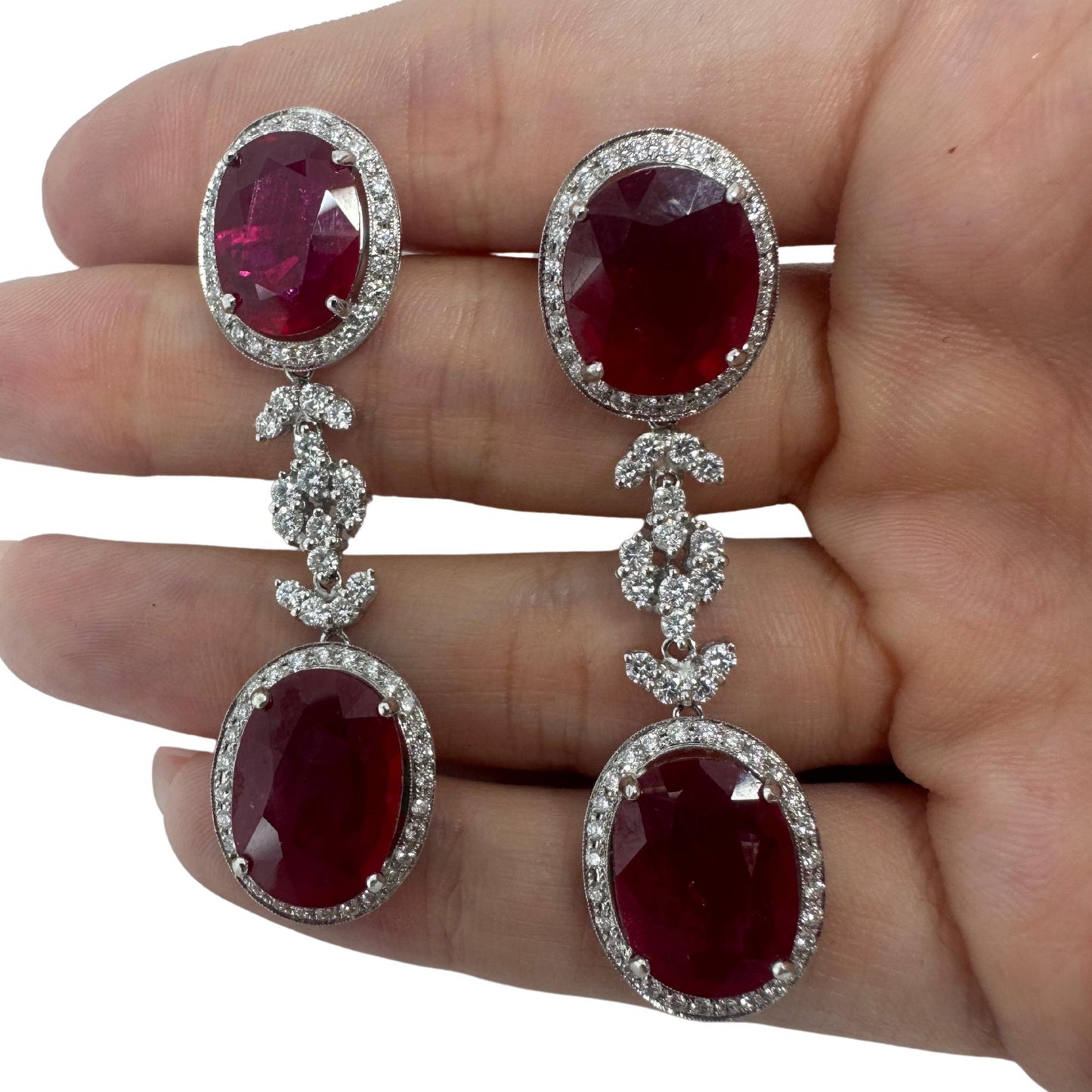 18K White Gold Diamond and African Ruby Drop Earrings