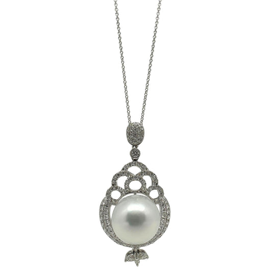 18 inch 18K White Gold Diamond Pearl Pendant Necklace - 0.75ct