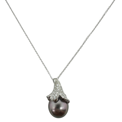 18K White Gold Diamond & Pearl Pendant Necklace – 18" Chain, 0.27ct Diamonds