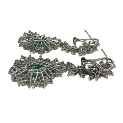 18K White Gold Marquise Cut Diamond and Pear Cut Emerald Drop Earrings