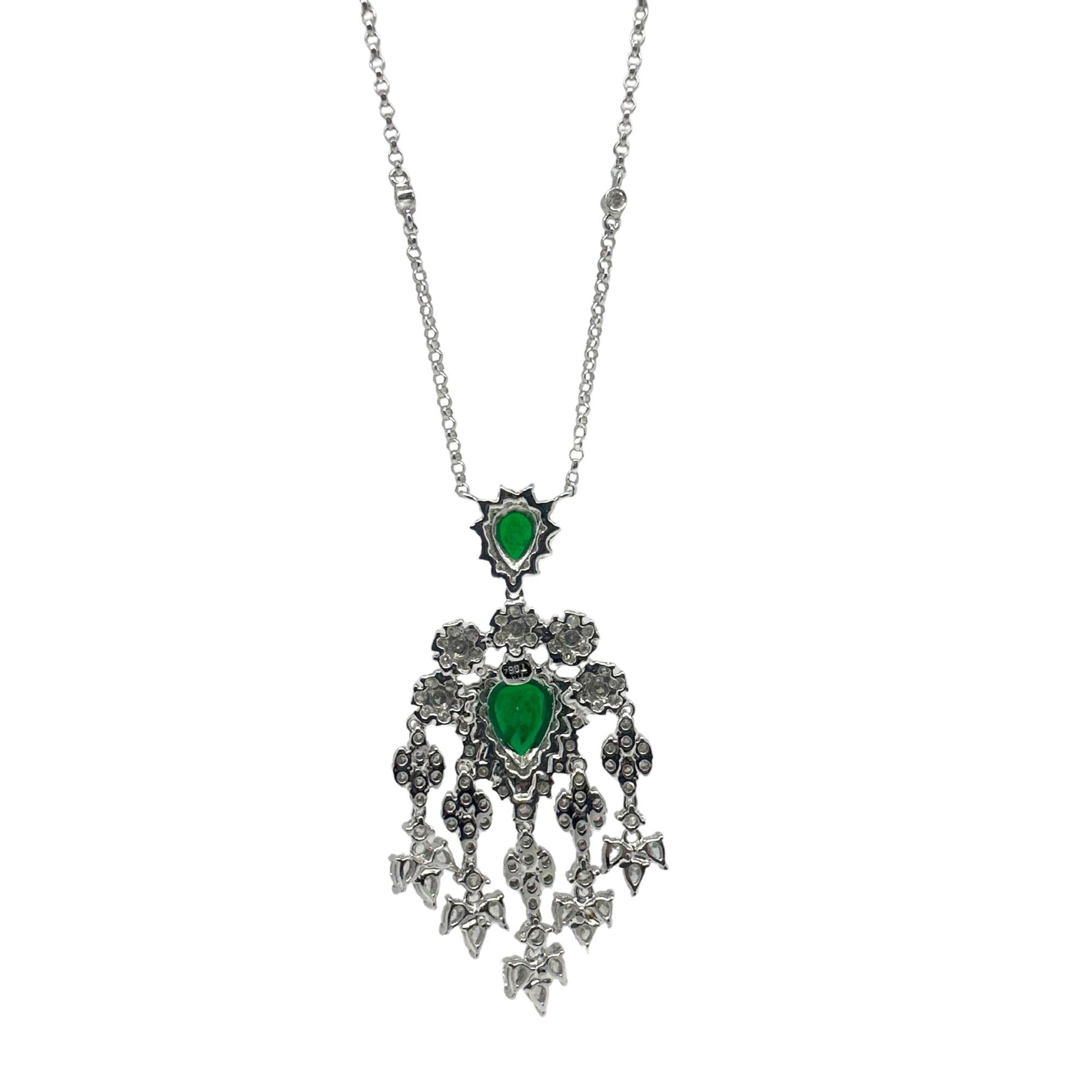 18K White Gold Diamond and Pear Cut Emerald Pendant Necklace