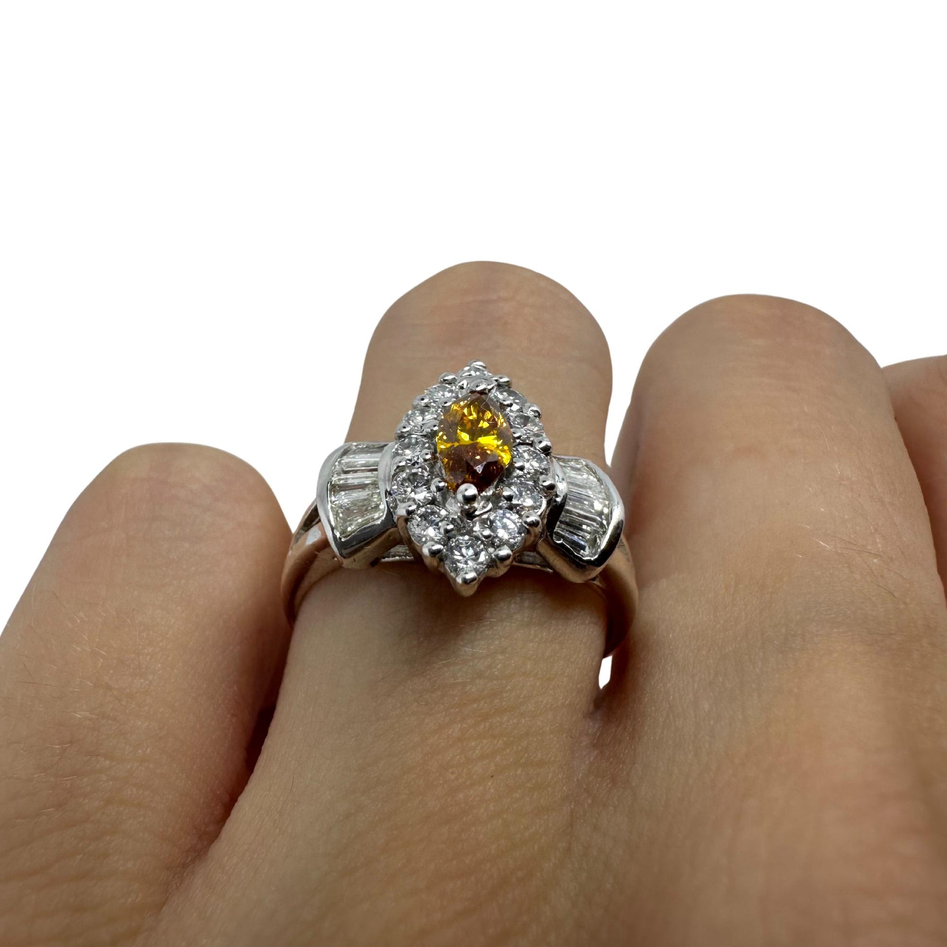 18K White Gold White and Yellow Diamond Navette Ring