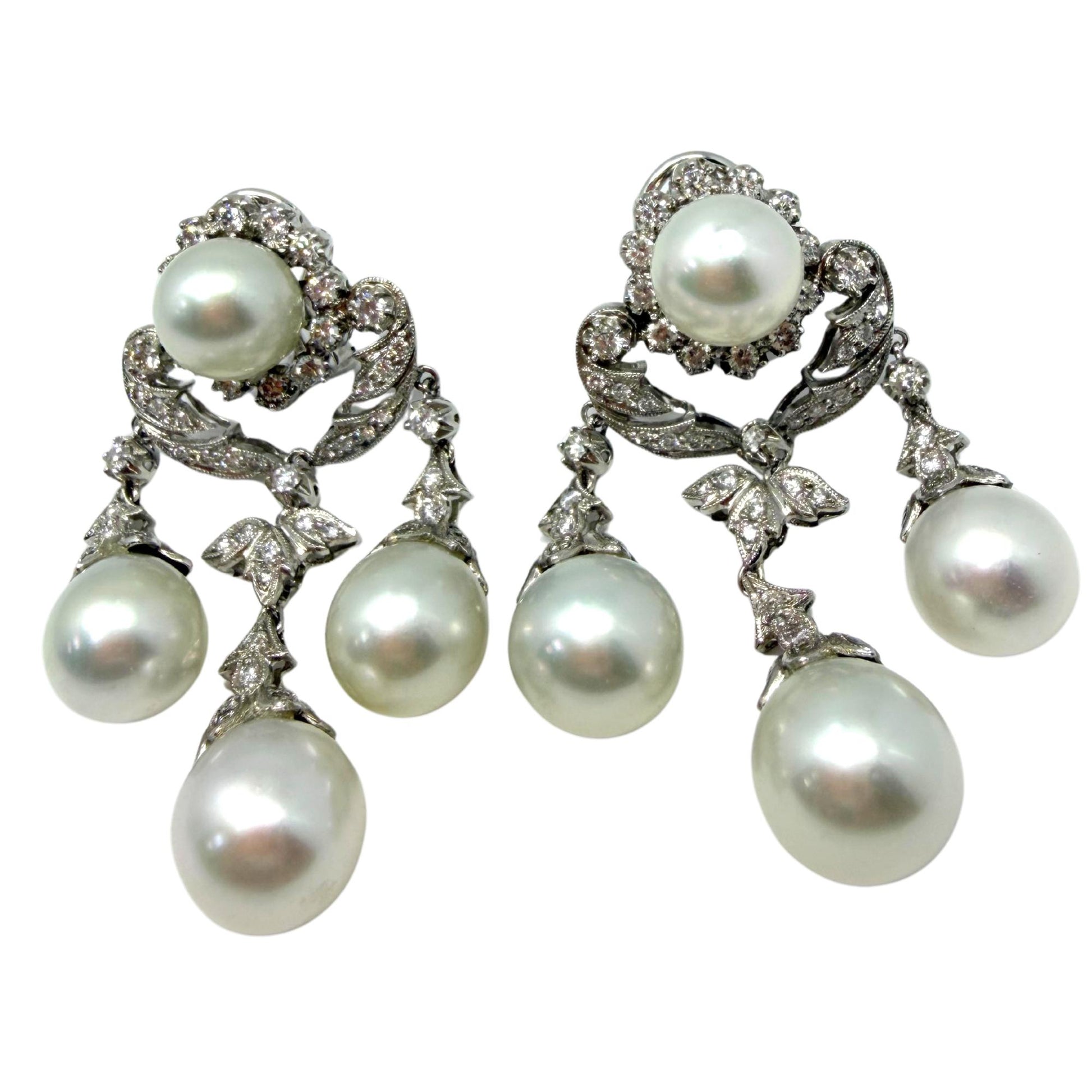 18K White Gold Edwardian Inspired Diamond and Pearl Chandelier Earrings