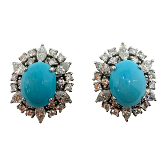 Platinum Marquise Cut 1.75 carat Diamond and Oval Turquoise Halo Stud Earrings