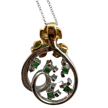 18K Two Tone Diamond and Emerald Teardrop Floral Pendant Necklace