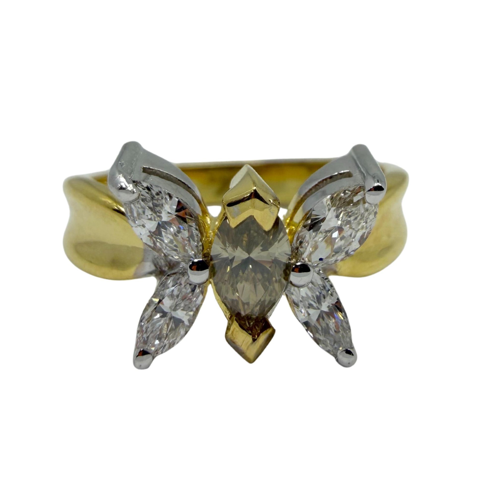 18K Yellow Gold Marquise Cut White and Brown Diamond Butterfly Ring