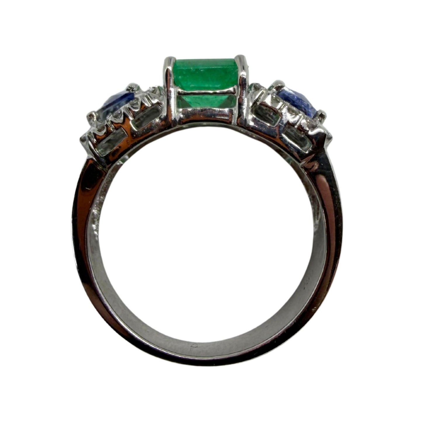 18K White Gold Emerald, Sapphire and Diamond Wide Band Ring