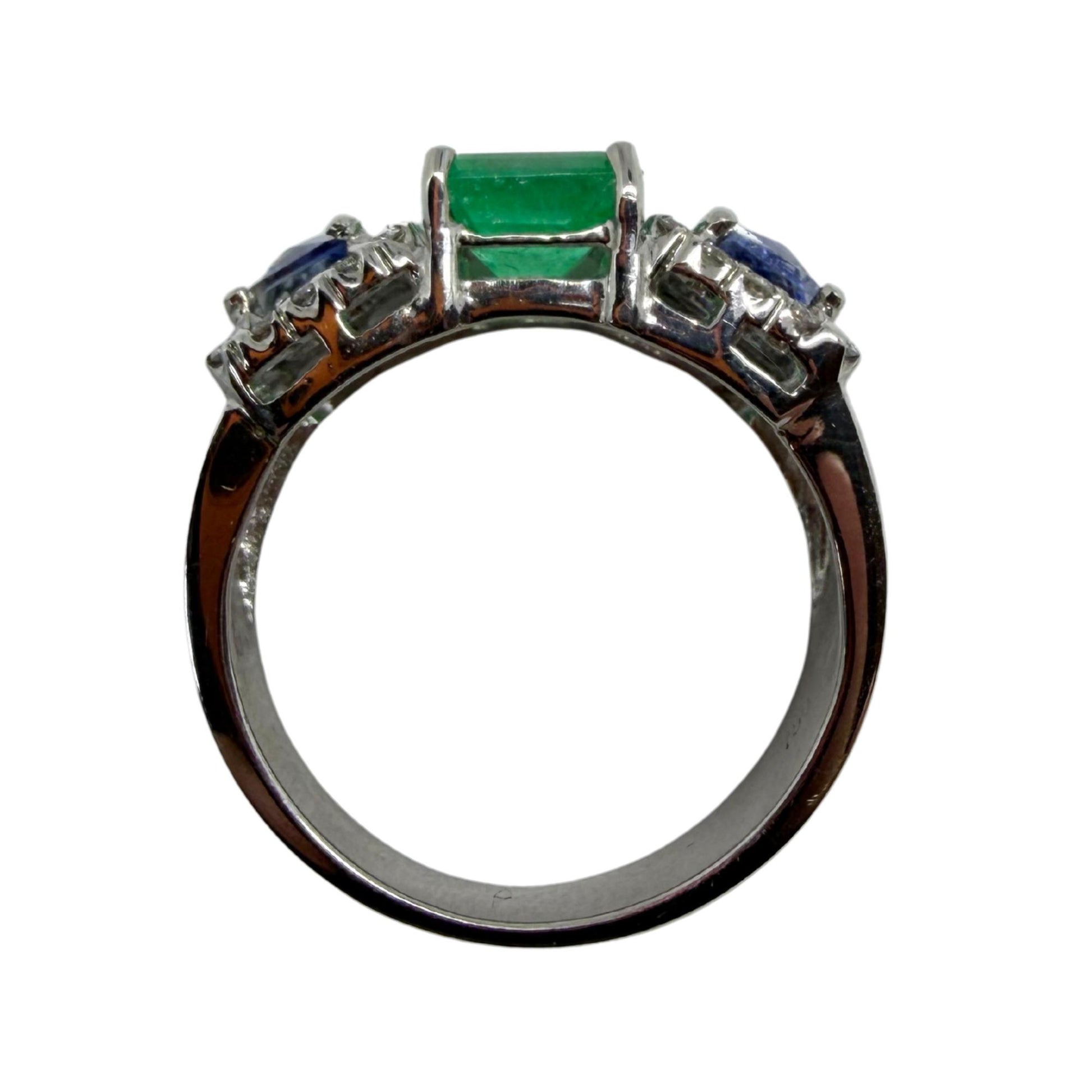 18K White Gold Emerald, Sapphire and Diamond Wide Band Ring