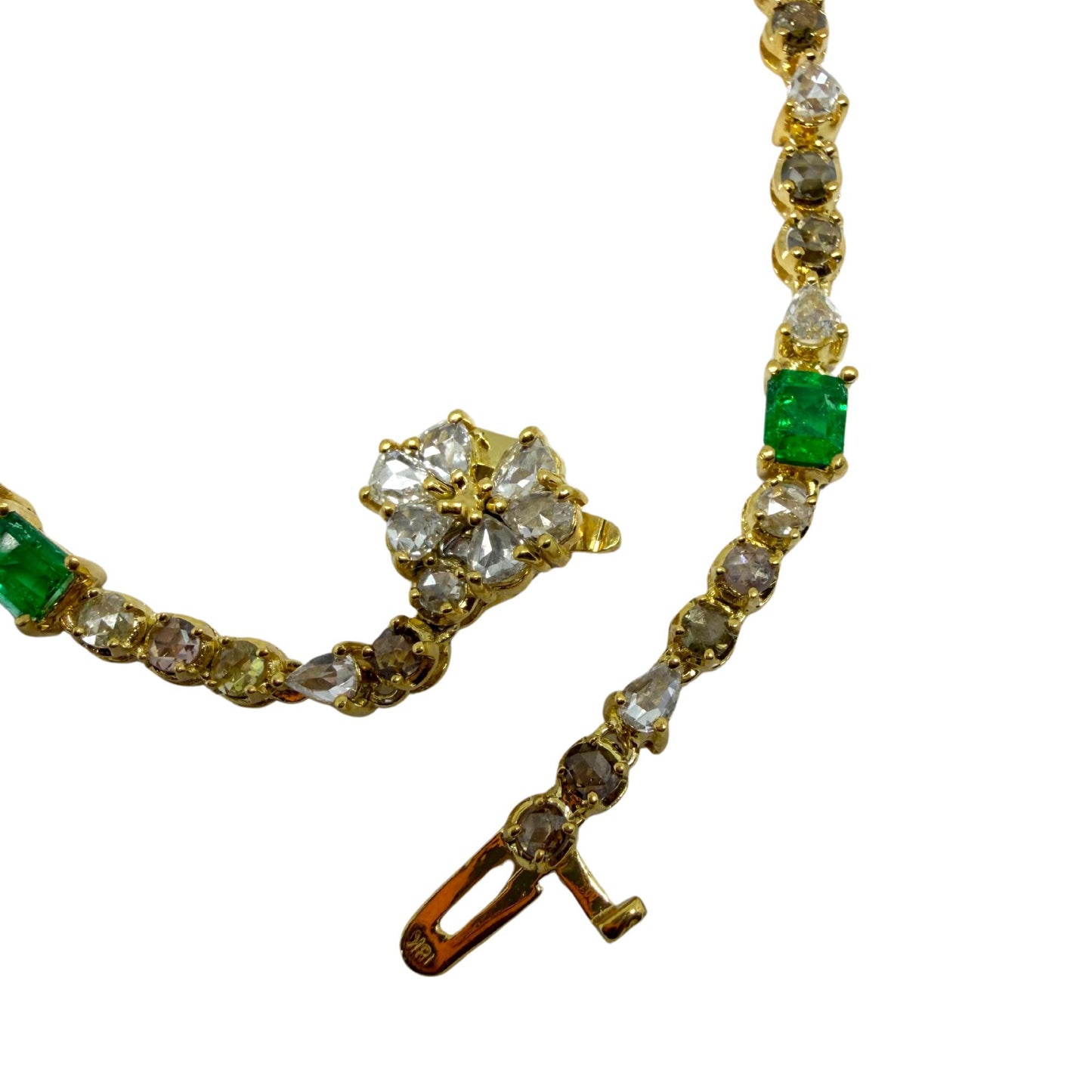 18k Yellow Gold Emerald, and Multicolor Diamond Y Drop Necklace