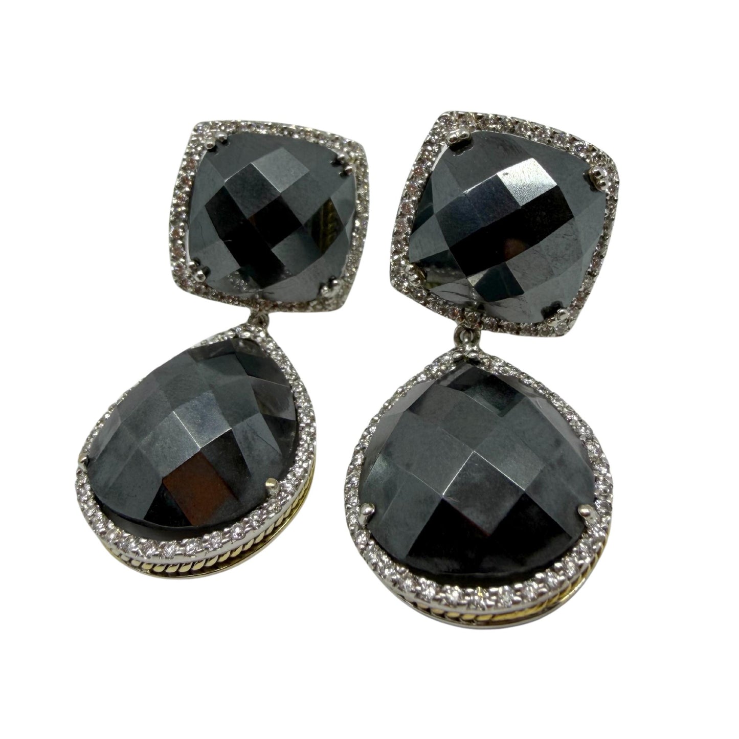18K White and Yellow Gold Diamond and Checkered Hematite Earrings