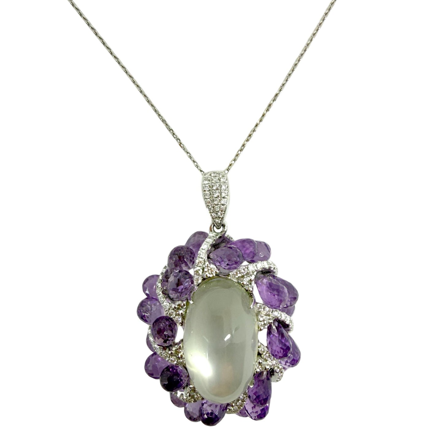 18k White Gold Diamond, Briolette Amethyst and Moonstone Pendant Necklace