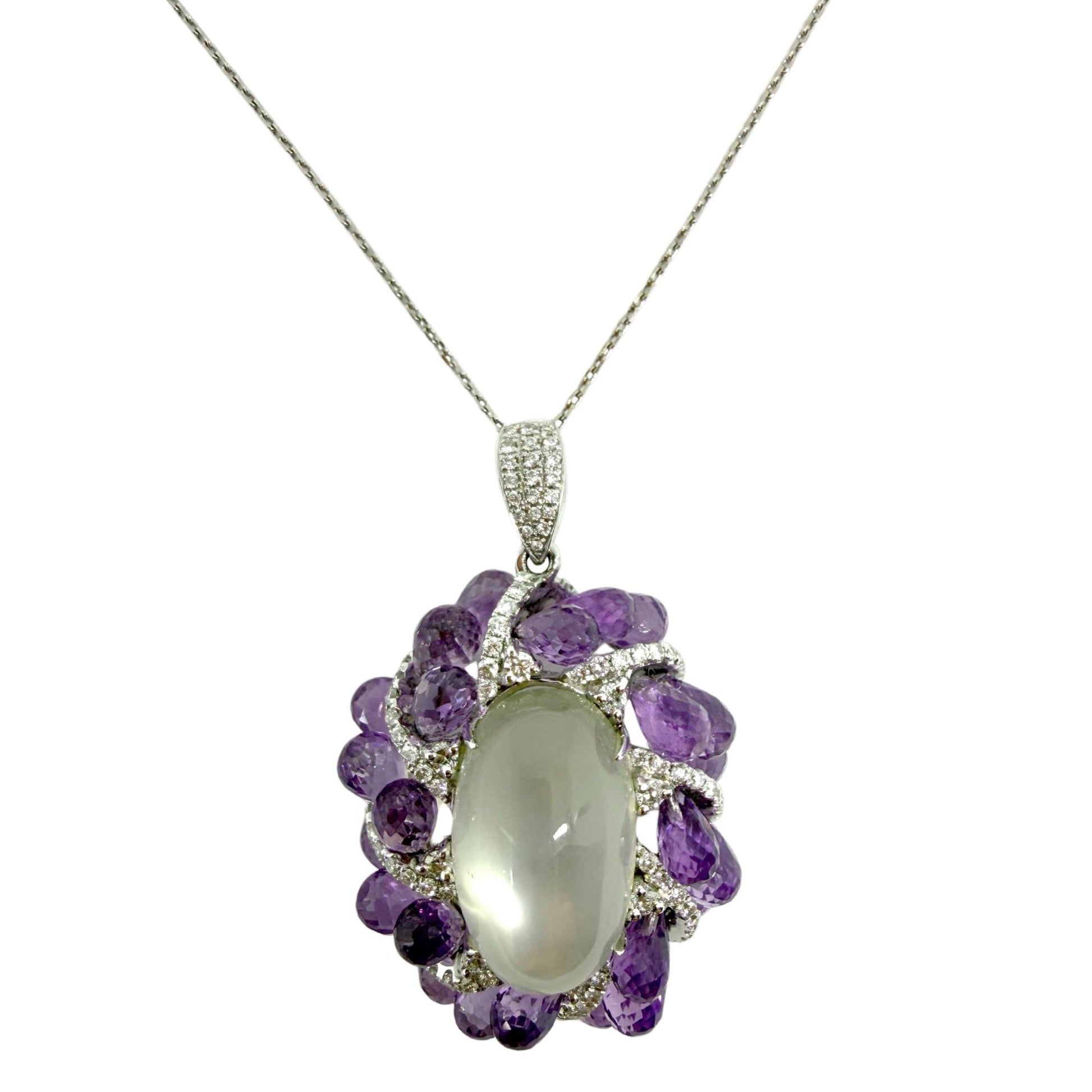 18k White Gold Diamond, Briolette Amethyst and Moonstone Pendant Necklace
