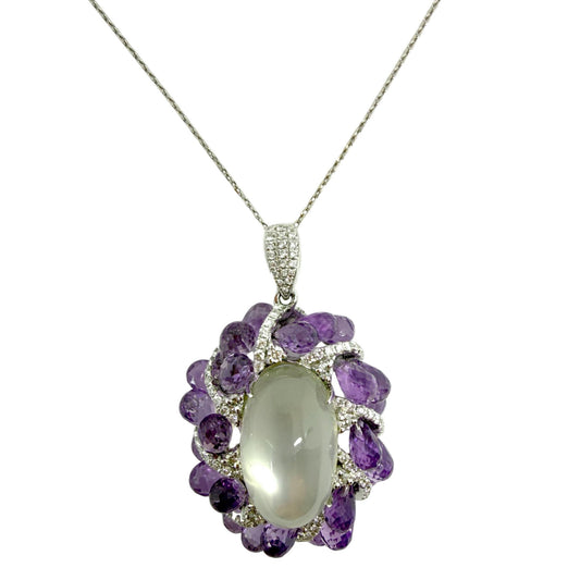 18k White Gold Diamond, Briolette Amethyst and Moonstone Pendant Necklace